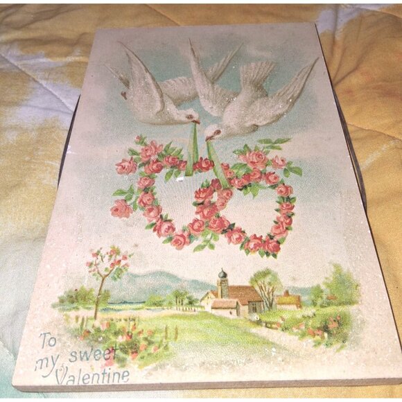 Vintage Valentine Card With Doves & Rose Wreath Design - Picture 2 of 10